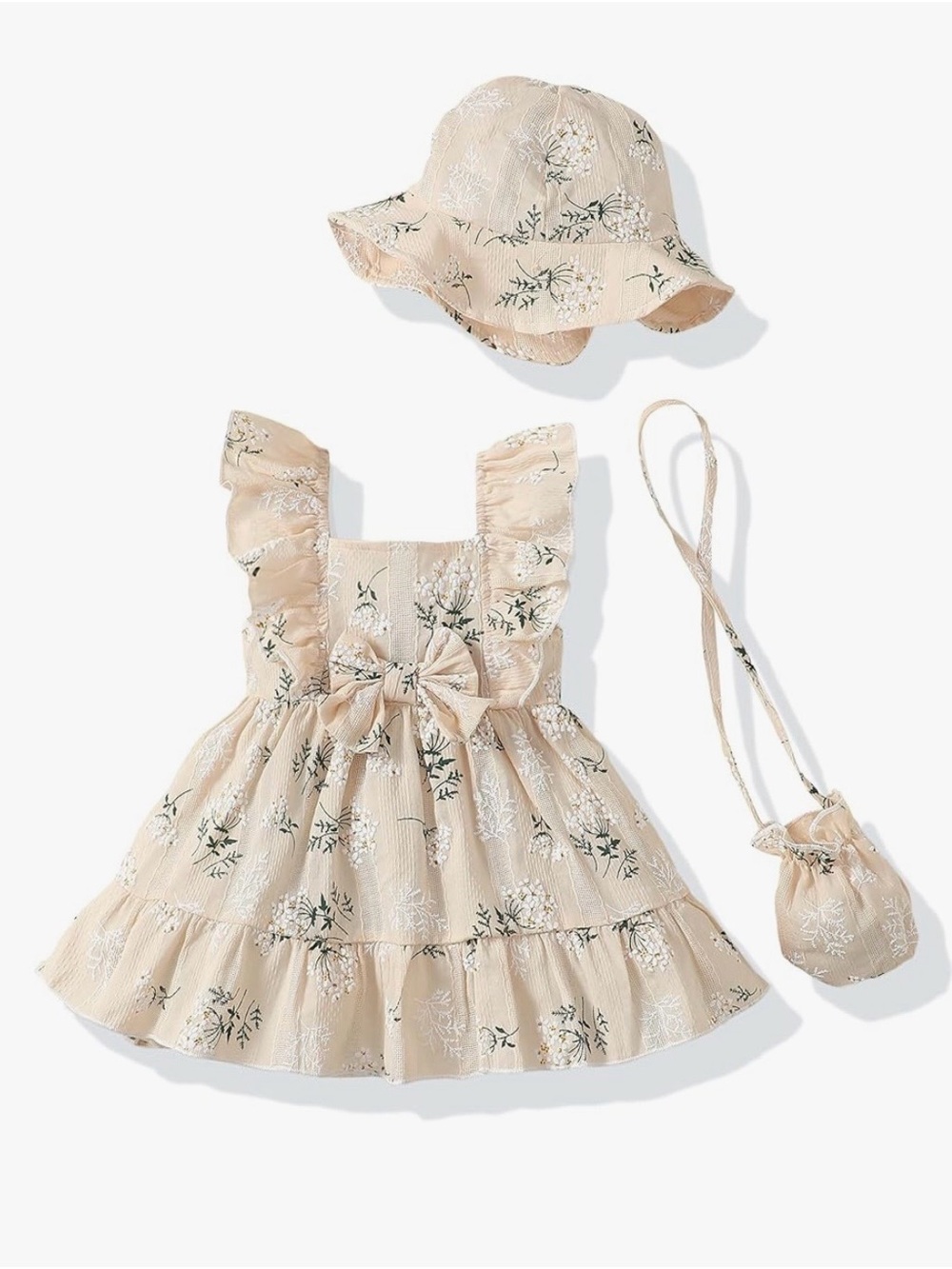 Girls Floral Ruffled Dress Set with Hat and Mini Bag - Beige